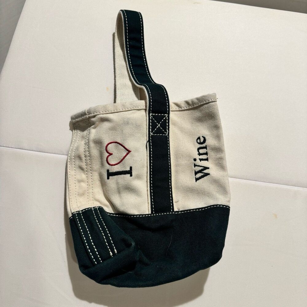 Lands End Canvas Wine Tote Bag Double Bottle Carrier Green& Cream “I love wine”